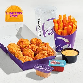 Menu 1 A combo containing 10-piece crispy chicken nuggets served with Fire Ranch Sauce and Bell Sauce, Nacho Fries with Nacho Cheese sauce, and a large fountain drink.