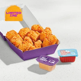 Menu 21 10-piece crispy chicken nuggets served in a Taco Bell-branded box with Fire Ranch Sauce and Bell Sauce.