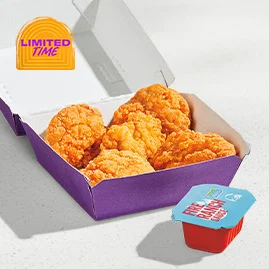 Menu 20 5-piece crispy chicken nuggets served in a Taco Bell-branded box with fire Ranch dipping sauce.