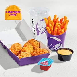 Menu 22 A combo containing 5-piece crispy chicken nuggets served with Fire Ranch sauce, Nacho Fries with Nacho Cheese sauce, and a large fountain drink.