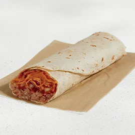 Menu 123 A Bean Burrito filled with refried beans, Red Sauce, diced onions, and shredded cheddar cheese.