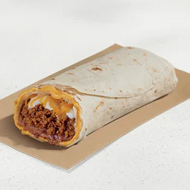 Menu 43 A Beefy 5-layer Burrito, filled with seasoned beef, refried beans, reduced-fat sour cream, and shredded cheddar cheese, wrapped with a layer of nacho cheese sauce.