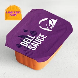 Menu 199 Bell Sauce Dip Sauce, served in a Taco Bell-branded container.
