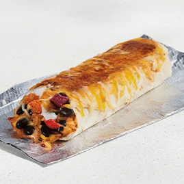 Menu 122 A Black Bean Grilled Cheese Burrito, filled with slow-simmered black beans, Nacho Cheese sauce, seasoned rice, crunchy fiesta strips, Creamy Chipotle sauce, reduced-fat sour cream, and a blend of cheeses.
