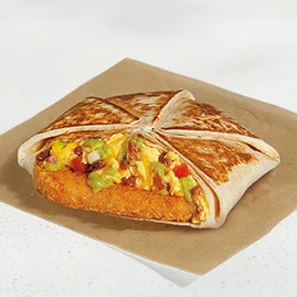 Menu 58 A Breakfast California Crunchwrap, filled with a hash brown, fluffy cage-free eggs, bacon, diced tomatoes, guacamole, and shredded cheddar cheese, all folded into a Crunchwrap form.