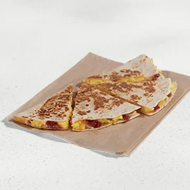 Menu 55 A Breakfast Quesadilla Bacon, filled with fluffy cage-free eggs, flavorful bacon, and a blend of cheeses.