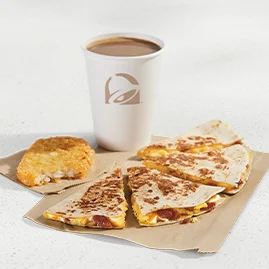 Menu 59 A Breakfast Quesadilla Combo featuring a Breakfast Quesadilla sausage, hash brown, and a medium fountain drink.