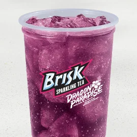 Menu 245 Brisk® Dragon Paradise™ Sparkling Iced Tea, served in a clear plastic cup.