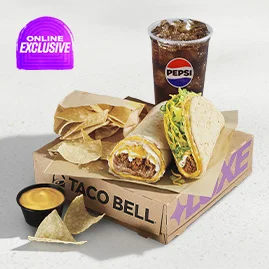 Menu 13 A Build Your Own Luxe Cravings Box featuring a Cheesy Gordita Crunch, a Beefy 5-Layer Burrito, Chips & Cheese, and a Pepsi drink.