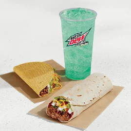 Menu 86 Burrito Supreme® Combo featuring a Burrito Supreme®, a Crunchy Taco Supreme®, and a Large fountain drink.