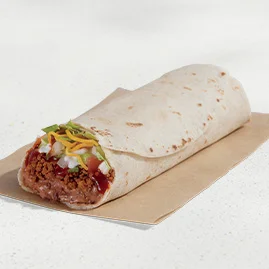 Menu 125 A Burrito Supreme® filled with seasoned beef, refried beans, diced tomatoes & onions, lettuce, Red Sauce, reduced-fat sour cream, and shredded cheddar cheese.