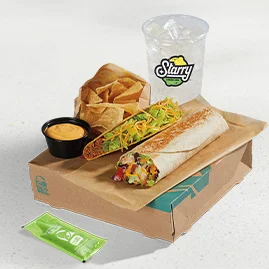Menu 72 Cantina Chicken Burrito Meal featuring a Cantina Chicken Burrito, 2 Avocado Verde Salsa packets, Chips & Nacho Cheese Sauce, and a Medium fountain drink.