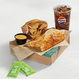 Menu 71 Cantina Chicken Crispy Taco Meal featuring 2 Cantina Chicken Crispy Tacos, 2 Avocado Verde Salsa packets, Chips & Nacho Cheese Sauce, and a Medium fountain drink.