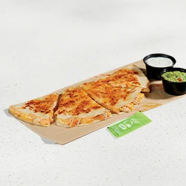 Menu 131 A Cantina Chicken Quesadilla, served with guacamole, Reduced-fat sour cream, and an Avocado Verde Salsa packet.