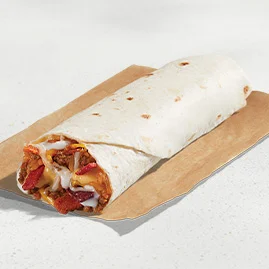 Menu 101 A Cheesy Double Beef Burrito filled with double the seasoned beef*, seasoned rice, Nacho Cheese sauce, crunchy fiesta strips, a blend of cheeses, and reduced-fat sour cream.