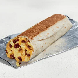 Menu 48 A Cheesy Toasted Breakfast Burrito Bacon, filled with flavorful bacon, fluffy cage-free eggs, and nacho cheese sauce.
