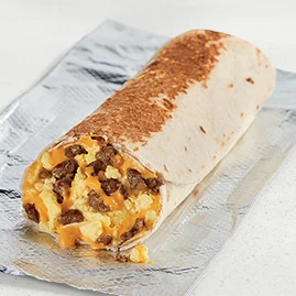 Menu 49 A Cheesy Toasted Breakfast Burrito Sausage, filled with delicious sausage, fluffy cage-free eggs, and Nacho Cheese.