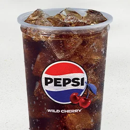 Menu 235 Cherry Pepsi®, served in a clear plastic cup.