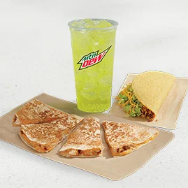 Menu 76 Chicken Quesadilla Combo featuring a Chicken Quesadilla, a Crunchy Taco, and a Large fountain drink.