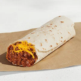 Menu 120 A Chili Cheese Burrito filled with savory, beef chili and shredded cheddar cheese.