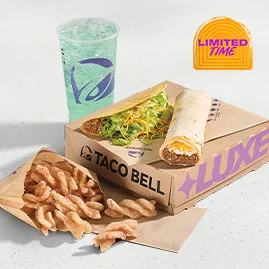 Menu 25 A Classic Luxe Box featuring a Beefy 5-Layer Burrito, a Crunchy Taco, Cinnamon Twists, and a medium fountain drink.