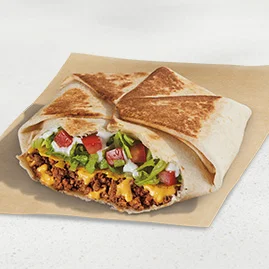 Menu 11 A Crunchwrap Supreme®, filled with seasoned beef, nacho cheese sauce, a tostada shell, reduced-fat sour cream, lettuce, and diced tomatoes, all folded into a Crunchwrap form.