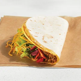 Menu 96 A Double Stacked Taco, filled with seasoned beef, lettuce, crunchy fiesta strips, and shredded cheddar cheese, all wrapped up in a warm flour tortilla.