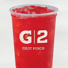 Menu 242 G2 Gatorade® Fruit Punch, served in a clear plastic cup.