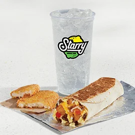 Menu 54 A Grande Toasted Breakfast Burrito Combo featuring a Grande Toasted Breakfast Burrito Sausage, hash brown, and a medium fountain drink.