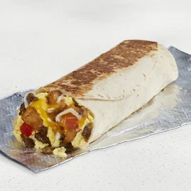 Menu 52 A Grande Toasted Breakfast Burrito Sausage, filled with sausage, seasoned potatoes, fluffy cage-free eggs, and diced tomatoes.