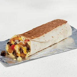 Menu 51 A Grande Toasted Breakfast Burrito Steak, filled with grilled, marinated steak, seasoned potatoes, fluffy cage-free eggs, and diced tomatoes.