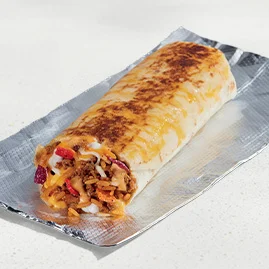 Menu 7 A Grilled Cheese Burrito, filled with seasoned beef, Nacho Cheese sauce, seasoned rice, crunchy fiesta strips, Creamy Chipotle sauce, reduced-fat sour cream, and a blend of cheeses.