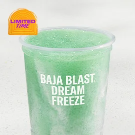 Menu 30 MTN DEW® BAJA BLAST® Dream Freeze, served in a clear plastic cup.