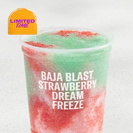 Menu 31 MTN DEW® BAJA BLAST® Strawberry Dream Freeze, served in a clear plastic cup.