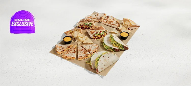 Menu 159 Meal for 4 featuring 2 Crunchwrap Supremes®, 2 Chicken Quesadillas, 4 Soft Tacos, and 2 orders of Chips & Nacho Cheese sauce.