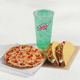 Menu 75 Mexican Pizza Combo featuring a Mexican Pizza, 2 Crunchy Taco Supremes®, and a Large fountain drink