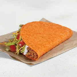 Menu 112 A Nacho Cheese Doritos® Locos Tacos Supreme®, filled with seasoned beef, reduced-fat sour cream, lettuce, diced tomatoes, and shredded cheddar cheese.