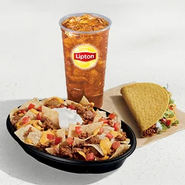 Menu 77 Nachos Bellgrande® Combo featuring a Nachos BellGrande®, a Crunchy Taco Supreme®, and a Large fountain drink.