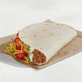 Menu 107 A Soft Taco Supreme®, filled with seasoned beef, reduced-fat sour cream, lettuce, diced tomatoes, and shredded cheddar cheese.