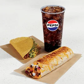 Menu 74 Steak Grilled Cheese Burrito Combo featuring a Steak Grilled Cheese Burrito, a Crunchy Taco, and a Large fountain drink.