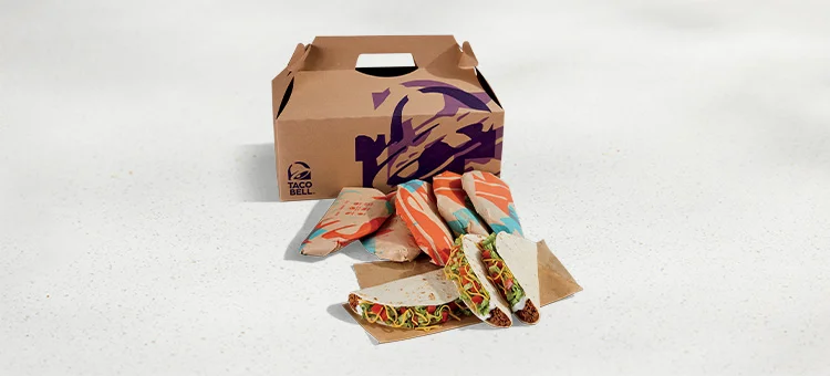Menu 260 Supreme Soft Taco Party Pack featuring 3 Soft Taco Supreme® and 5 wrapped items placed in front of a Taco Bell-branded box.