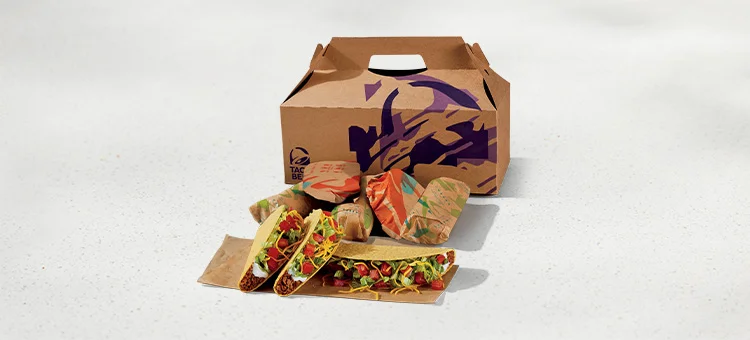 Menu 258 Supreme Taco Party Pack, featuring 3 Crunchy Taco Supremes and 5 wrapped items placed in front of a Taco Bell-branded box.