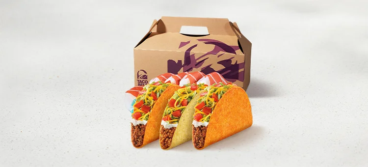Menu 262 Supreme Variety Taco Party Pack featuring 3 Nacho Cheese Doritos® Locos Tacos Supreme® and 5 wrapped items placed in front of a Taco Bell-branded box.