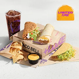 Menu 4 A Supreme® Luxe Box featuring a Chalupa Supreme Chicken, a Beefy 5-Layer Burrito, a Crunchy Taco, Chips & Cheese, and a medium fountain drink.