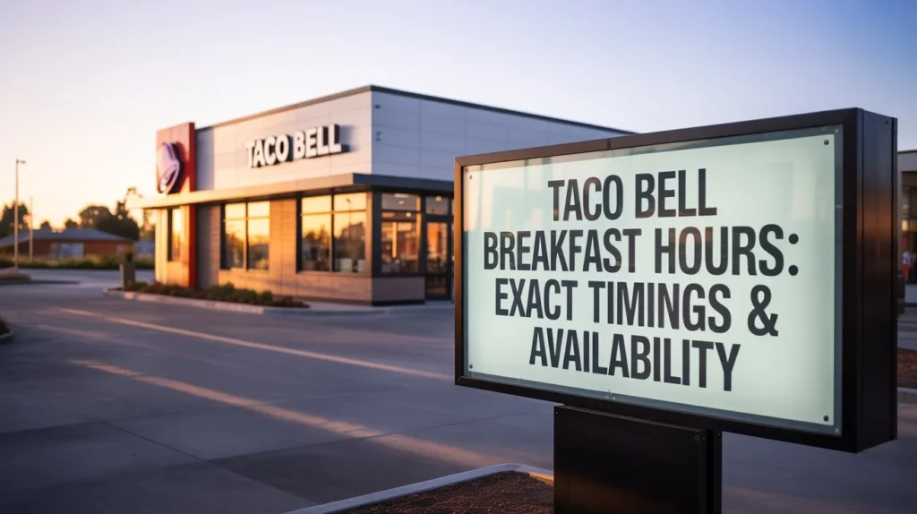 Breakfast Hours 1 Current image: A Taco Bell restaurant at sunrise with a sign displaying Taco Bell breakfast hours, exact timings, and availability for early morning customers.