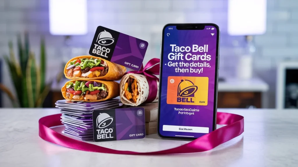 Gift Cards 1 Taco Bell gift cards with stacked burritos and a smartphone displaying Gift Card purchase options.