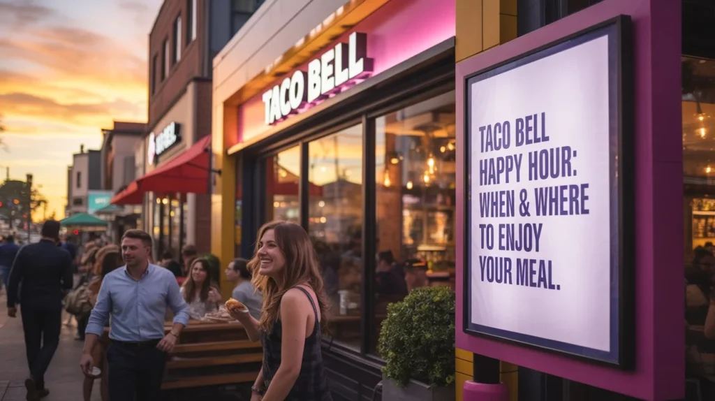 Happy Hour 1 Current image: A vibrant Taco Bell location during evening hours with a large sign promoting Taco Bell Happy Hour, showing when and where to enjoy your meal.