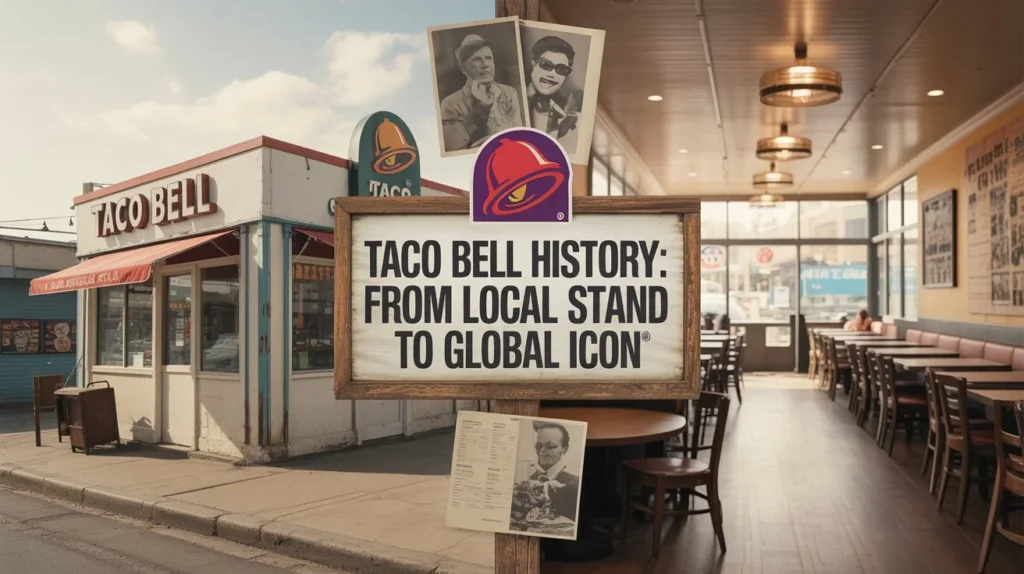 History 1 Current image: Vintage Taco Bell restaurant exterior and modern dining interior highlighting Taco Bell history, showcasing its journey from a small local stand to a global fast-food icon, with historical photos and signage.