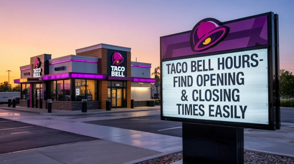 Hours 1 A Taco Bell restaurant with a signboard displaying Taco Bell hours