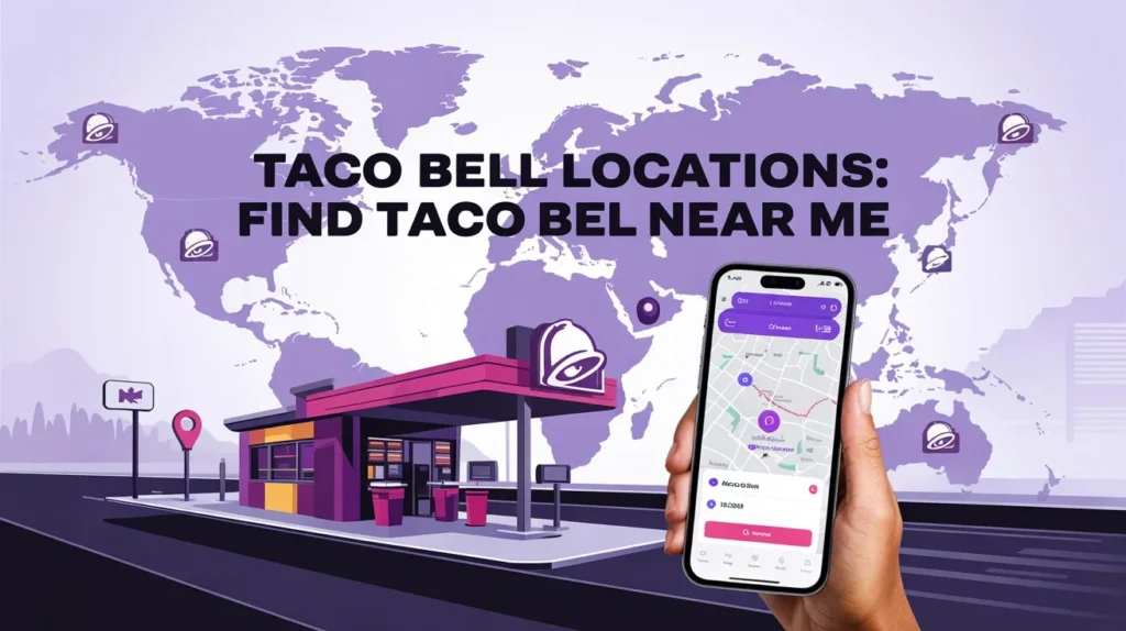 Locations 1 Map on phone showing nearby Taco Bell locations with store finder app